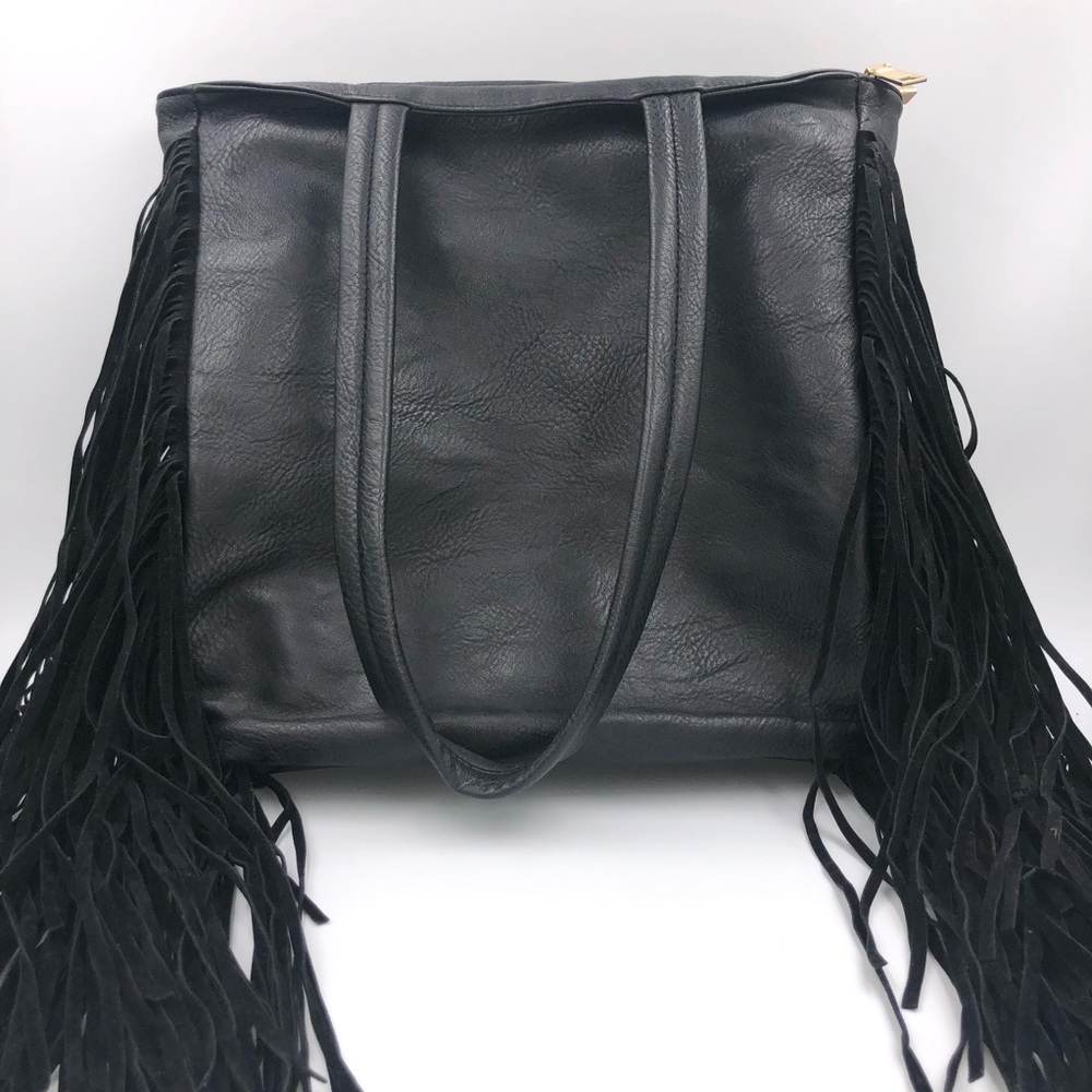 Black faux leather fringe purse